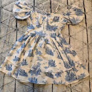 SHEIN Blue and White Toile Puff-Sleeve Dress
